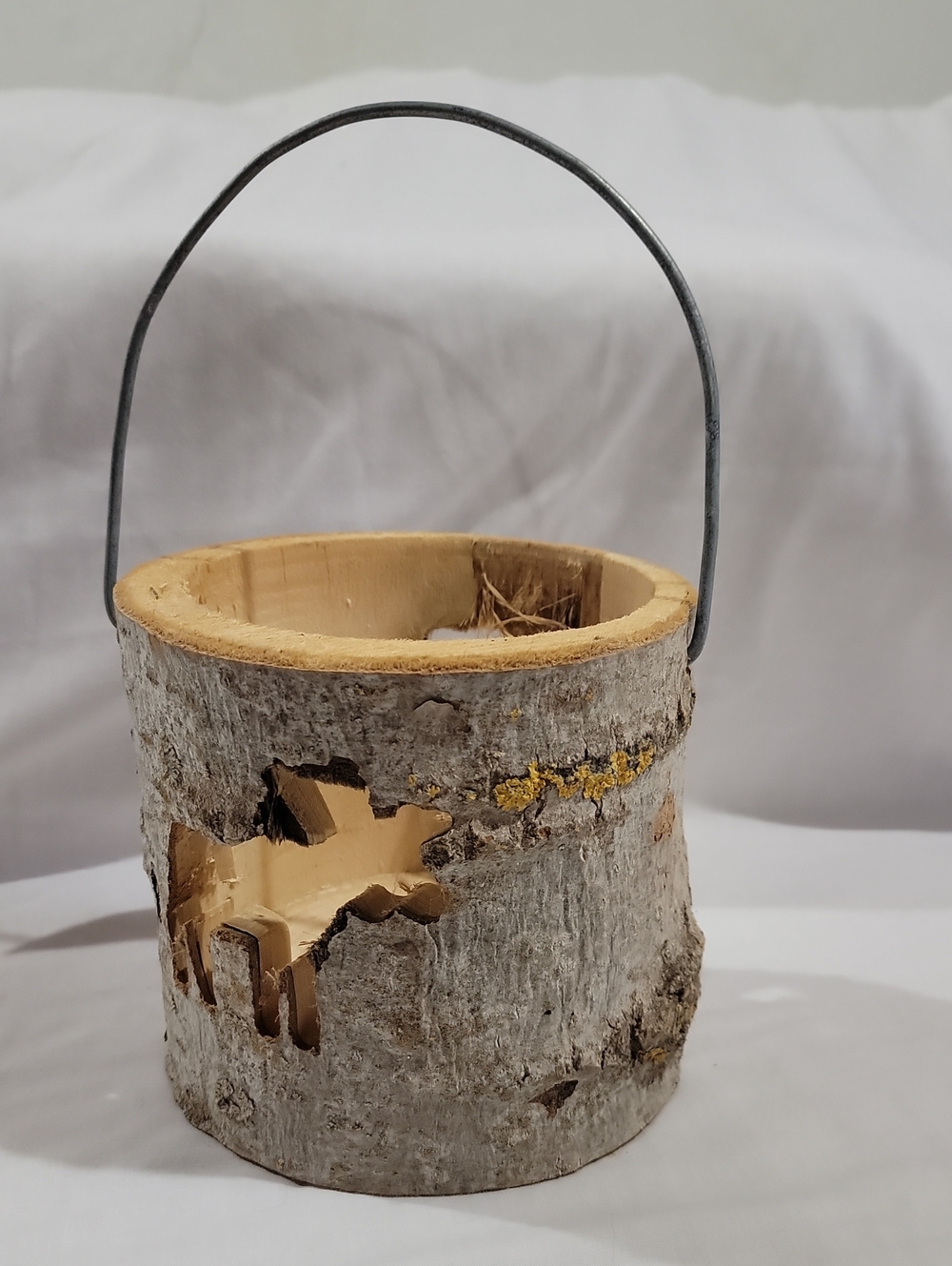 Hand Made Rustic Birch Bark Lantern with Metal Handle - Natural Winter Cabin